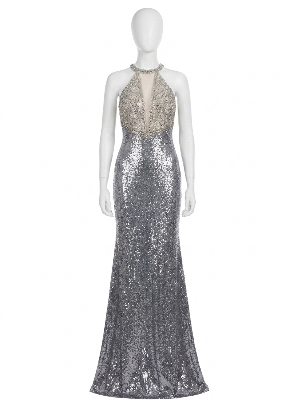 NEW RACHEL ALLAN metallic organza sequin evening gown in platinum